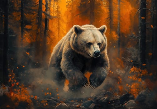 Watercolor bear running through colorful autumn forest. Selective focus.