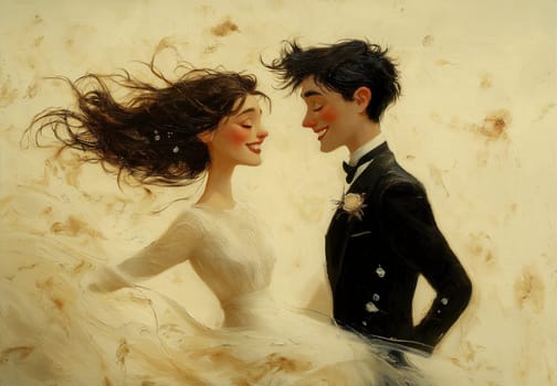 A cartoon illustration of a bride and groom on a cream background. Selective focus.