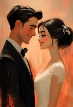Illustration of a bride and groom on a pink background. Selective focus.