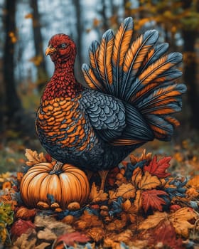 Colorful turkey standing near a pumpkin in a natural landscape. Selective focus.