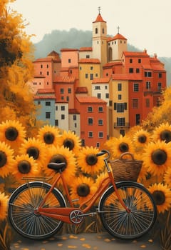 Bike with basket on cityscape and sunflowers background. Selective focus.