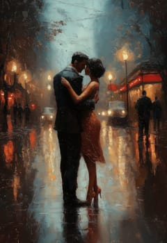 A man and a woman are walking through the evening city. Selective focus.