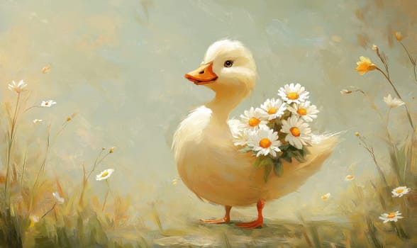 Illustration of a bird with a bouquet of daisies. Selective focus.