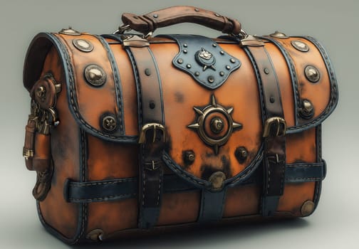 Vintage leather bag with metallic accents. Selective focus.