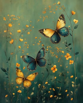 Butterflies fly over flowers on a green background. Selective focus.