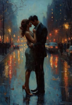 A man and a woman are walking through the evening city. Selective focus.