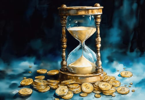 An hourglass and coins on a blurred background, time is money concept. Selective focus.
