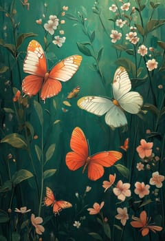 Butterflies fly over flowers on a green background. Selective focus. Selective focus.