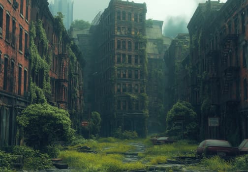 Abandoned city engulfed by nature. Selective focus.