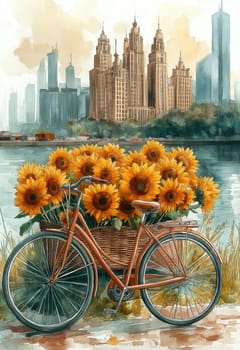 Bike with basket on cityscape and sunflowers background. Selective focus.