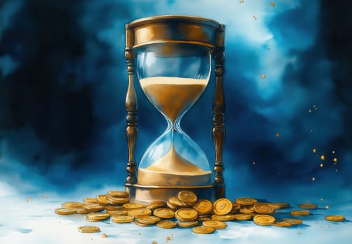 An hourglass and coins on a blurred background, time is money concept. Selective focus.