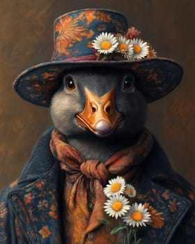 A bird in a hat with a bouquet of daisies. Selective focus.