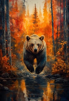 Watercolor bear running through colorful autumn forest. Selective focus.