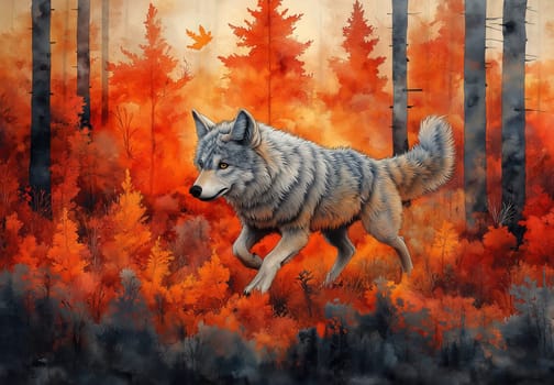 Colorful illustration of a lone wolf running in the autumn forest. Selective focus.