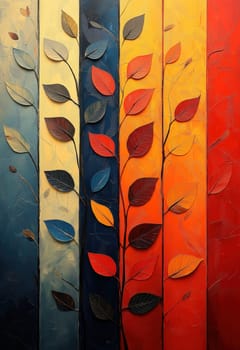 Colored background with branches of leaves on a striped texture. Selective focus.