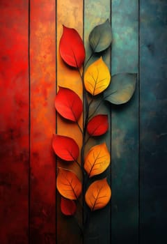 Colored background with branches of leaves on a striped texture. Selective focus.