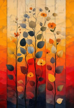 Colored background with branches of leaves on a striped texture. Selective focus.