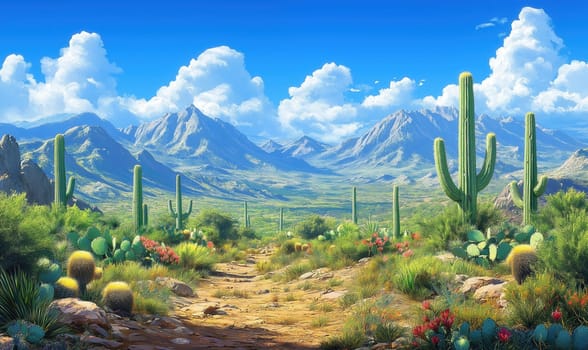Cactus valley with mountains in background. Selective focus.