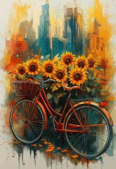 Bike with basket on cityscape and sunflowers background. Selective focus.