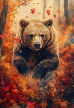 Watercolor bear running through colorful autumn forest. Selective focus.