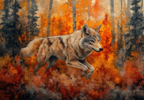 Colorful illustration of a lone wolf running in the autumn forest. Selective focus.