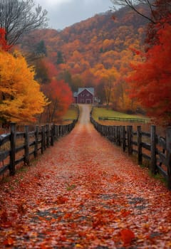 Colorful autumn in the forest with a path to the house. Selective focus.