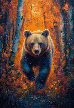 Watercolor bear running through colorful autumn forest. Selective focus.