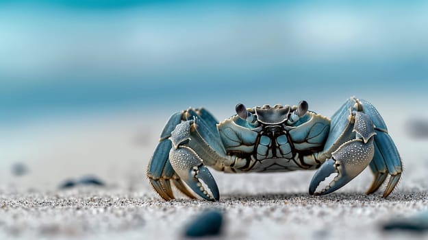 A blue crab is positioned prominently on light-colored sand, showcasing its intricate shell patterns. The ocean waves softly roll in, creating a serene backdrop on a bright sunny day - Generative AI
