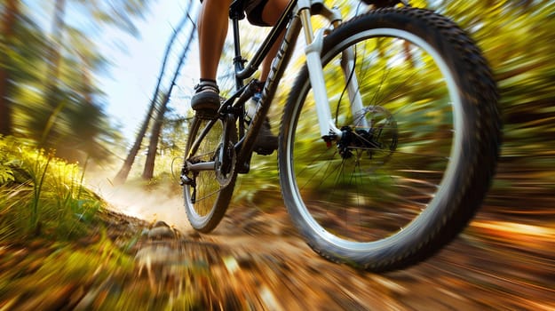 A cyclist speeds through a lush forest trail, creating a cloud of dust while enjoying the thrill of outdoor biking on a sunny day - Generative AI