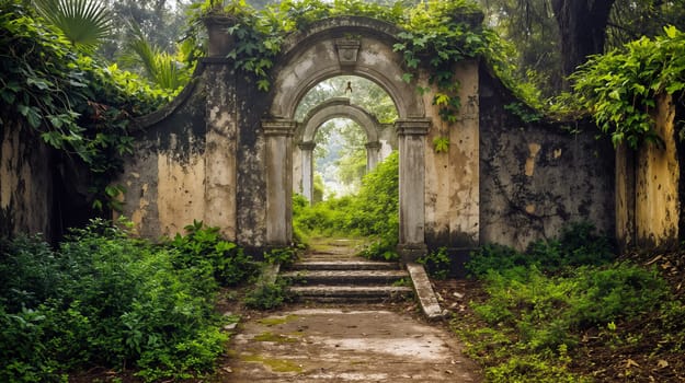 A forgotten archway is surrounded by dense greenery, revealing a narrow pathway that invites exploration through the enchanting ruins in the morning glow - Generative AI