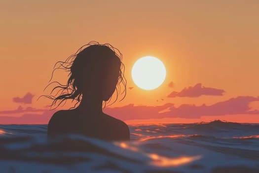 A stunning silhouette of a surfer catching a perfect wave at sunset, surrounded by vibrant colors of the setting sun reflecting on the water. A serene moment of beauty.