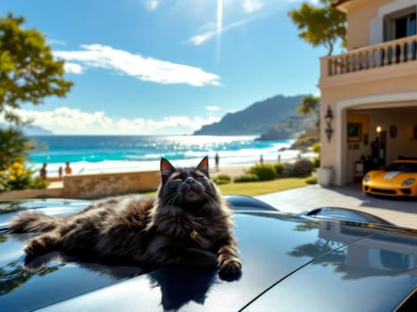 Luxurious lifestyle concept with black cat resting on classic car parked in front of seaside villa, enjoying sunny day. Ai generated