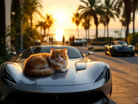 Cute ginger cat sleeping peacefully on a silver luxury sports car, with palm trees and a golden sunset in the background. Ai generated