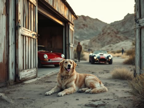 Golden retriever lying in front of an old barn with vintage Porsche and AC Cobra sports cars, enjoying a tranquil rural moment. Ai generated