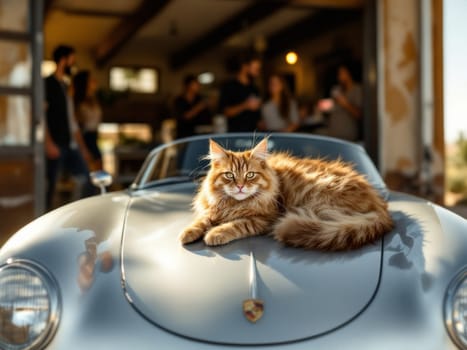 Fluffy ginger cat resting on classic Porsche hood, mechanics working in auto repair shop, vintage car maintenance and restoration. Ai generated