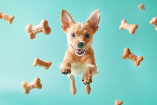 A cheerful and cute dog leaps joyfully in mid-air, surrounded by floating bones. This playful scene captures the essence of fun and imagination, perfect for pet lovers.