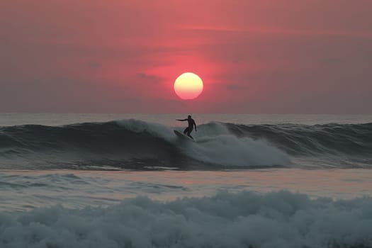 A stunning image of a surfer skillfully riding a perfect wave during a vibrant sunset. The golden sun dips below the horizon, creating a serene atmosphere filled with movement and energy.