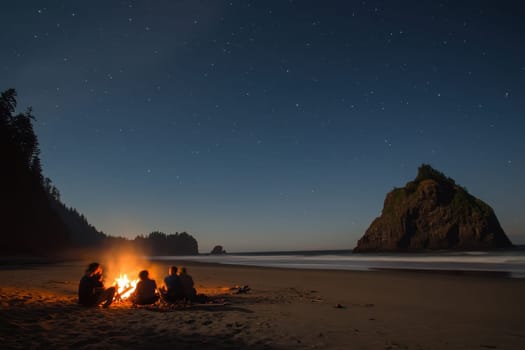 A group of friends gather around a campfire on a beach at night, roasting marshmallows and enjoying the starry sky, creating lasting memories.