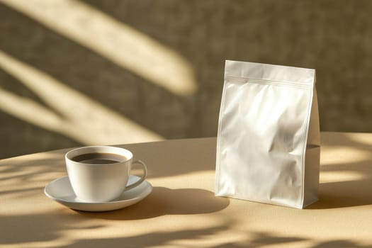 A stylish white coffee bag mockup sits next to a cup of coffee on a table, featuring a minimal design perfect for branding or product presentation.