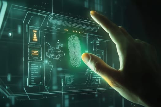 Explore a futuristic digital fingerprint scan interface featuring a hand interaction, showcasing advanced biometric technology and security innovations.