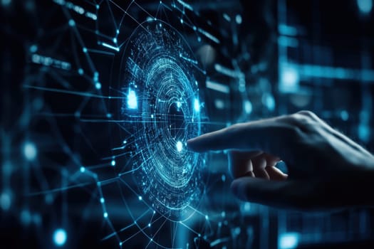 A cyber security expert analyzes a data breach using advanced digital technology, showcasing intricate network visuals and protective measures.