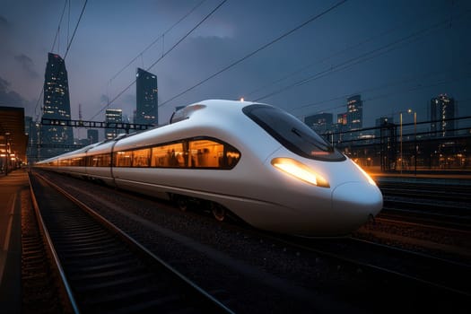 This striking image features a sleek high-speed train showcasing an aerodynamic design. Set against a vibrant urban backdrop at night, it highlights modern transportation technology.