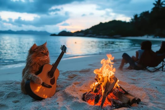 Enjoy a cozy bonfire on the beach with travelers unwinding in the glow of flames, as a playful cat strums a guitar under a stunning sunset.