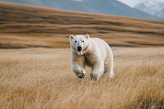 A majestic polar bear gallops energetically through an open field, embodying the beauty and strength of wildlife in its natural habitat.