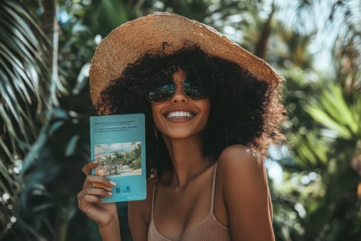 A vibrant portrait of a smiling traveler holding a passport and boarding pass, set against a lush tropical background. This image captures the joy of adventure and exploration.