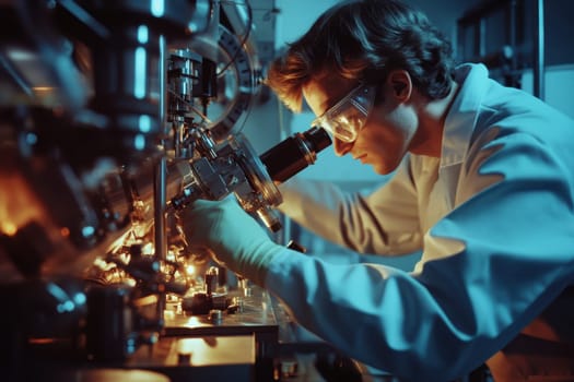 A focused scientist examines a nanotechnology sample under a microscope in a high-tech laboratory, highlighting the precision and detail involved in innovative scientific research.