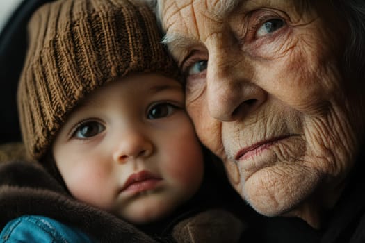 This touching portrait captures the deep bond between an elderly person and a young child, showcasing love and warmth in their expressions.