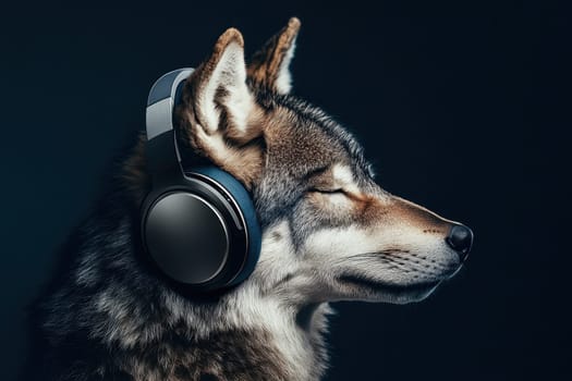 This striking portrait features a strong yet peaceful wolf wearing headphones against a dark background, showcasing its elegant fur and serene expression.