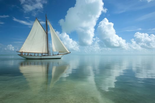 A serene sailboat glides smoothly over calm waters, with a crew aboard enjoying the picturesque views under a vibrant sky filled with fluffy clouds.