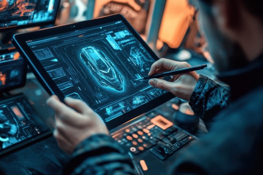 A digital artist uses a stylus on a tablet to create a high-tech vehicle design in a modern workspace, showcasing a futuristic approach to creativity and innovation.